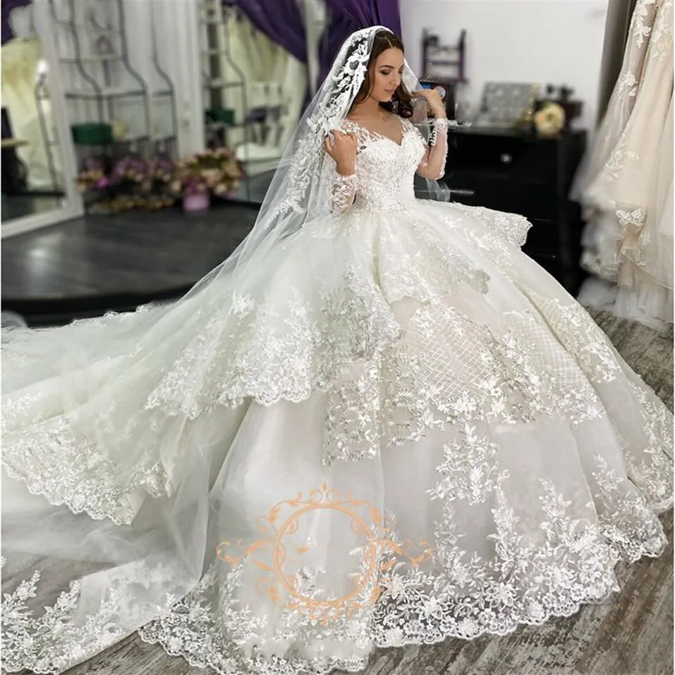 Wunderschöne Spitze Ballkleid Brautkleider Prinzessin mit Langarm V-Ausschnitt Rüschen Schichten Kapelle Zug Brautkleid Vestidos De Novia256p