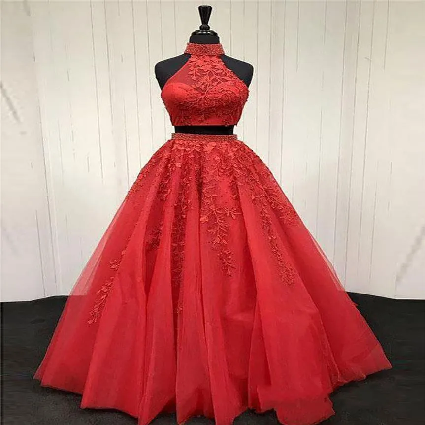 Nuovo Personalizza Pizzo Appliqued Due pezzi Prom Abiti da sera Lunghi economici Halter Ball Gowns Abito da festa formale vestido largo fiesta303E