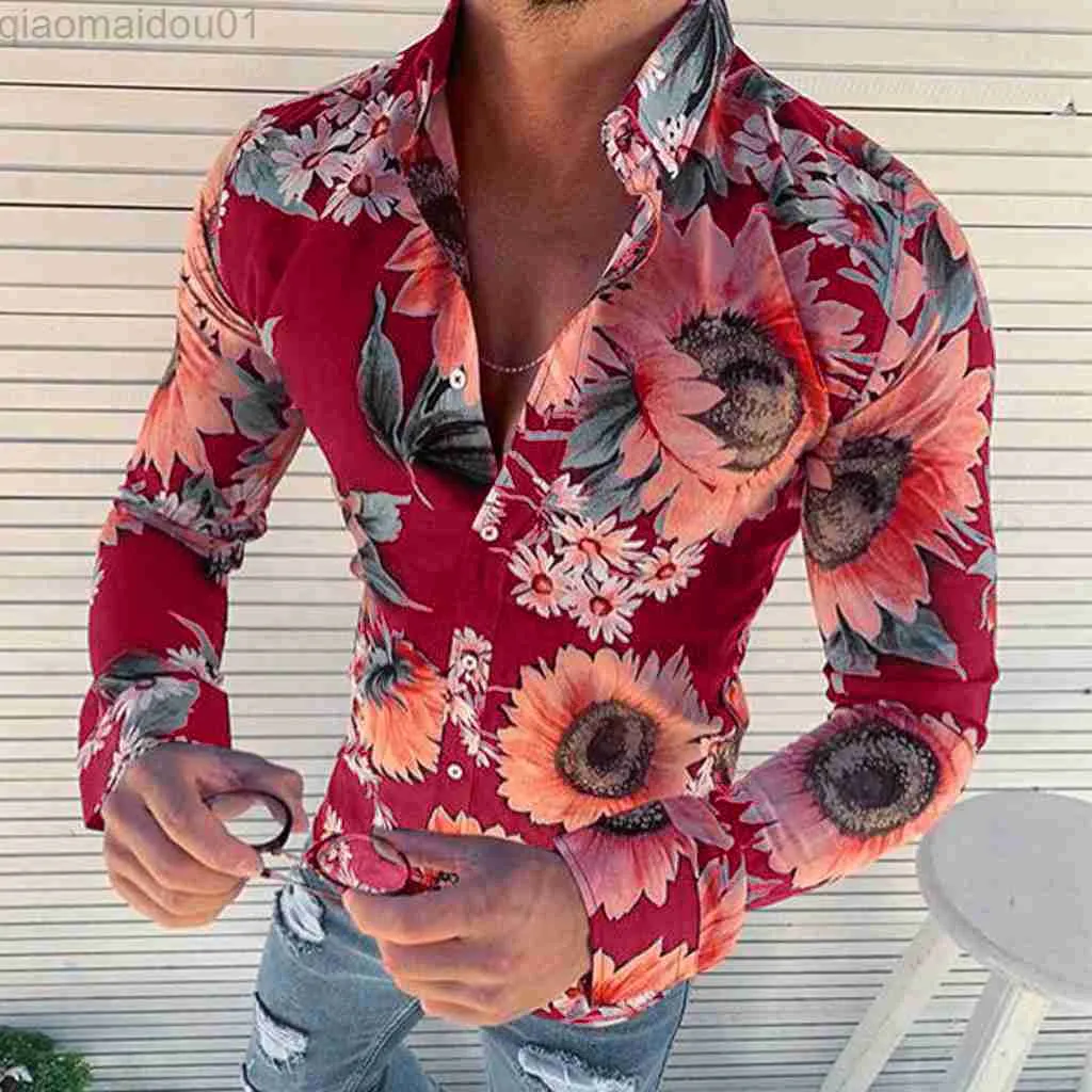 Męskie koszule męskie koszula Męska Koszula Kwiatowa długi rękaw Casual Shirt Fashion Rose Flower 3D Printed Fllar Slim Hawaii koszula na męskie L230721