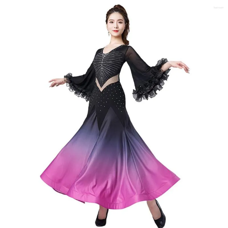 Stage Wear Waltz Ballroom Competitie Jurk Standaard Moderen Dansvoorstelling Kostuums Vrouwen Avondjurk Gradiënt Steentjes