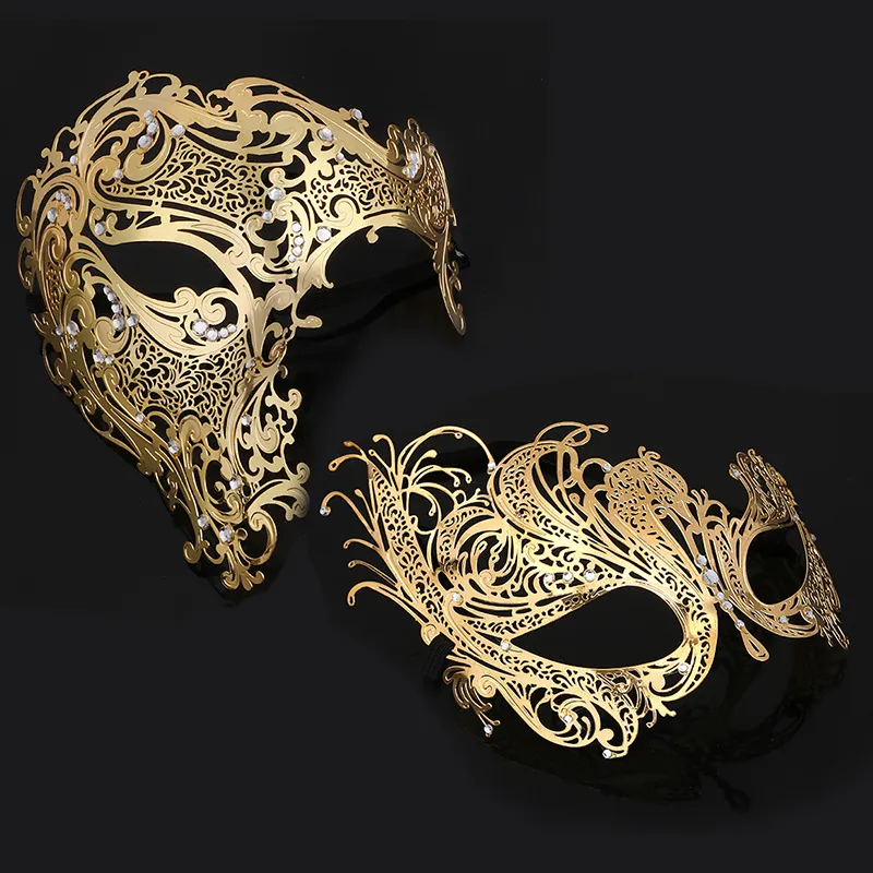 Maschera in metallo oro nero Halloween strass mezza faccia mascherata veneziana uomini bianchi donne maschera da festa in filigrana