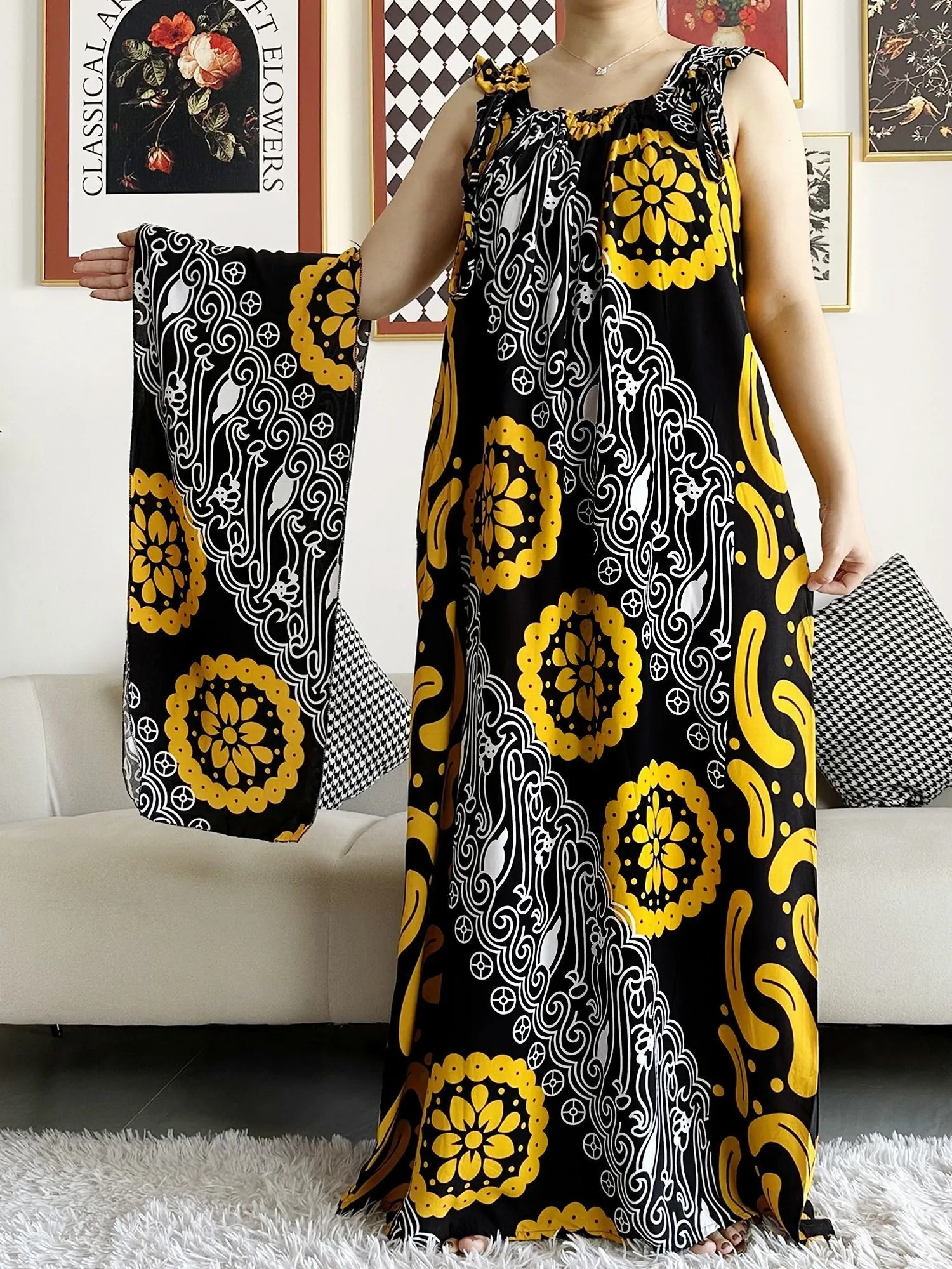 Ethnic Clothing Women Cotton Summer Sleeveless Dress With Scarfs Under Dress African Dashiki Maxi Lady Robe Loose Kaftan Vestidos 230720