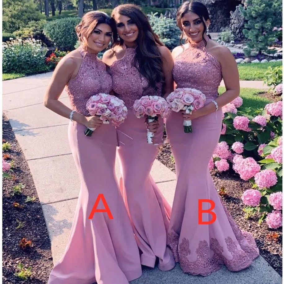 2021 LACE Mermaid Bridesmaid Dresses Halter Neck aftonklänning bröllop Gästklänning ärmlös hembiträde