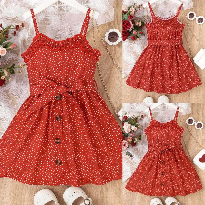 Vestidos de menina Vestido de verão infantil 4T 5T 6T 7T Pequeno vestido sem mangas decote em V com estampa de pontos botão frontal cinto 4 a