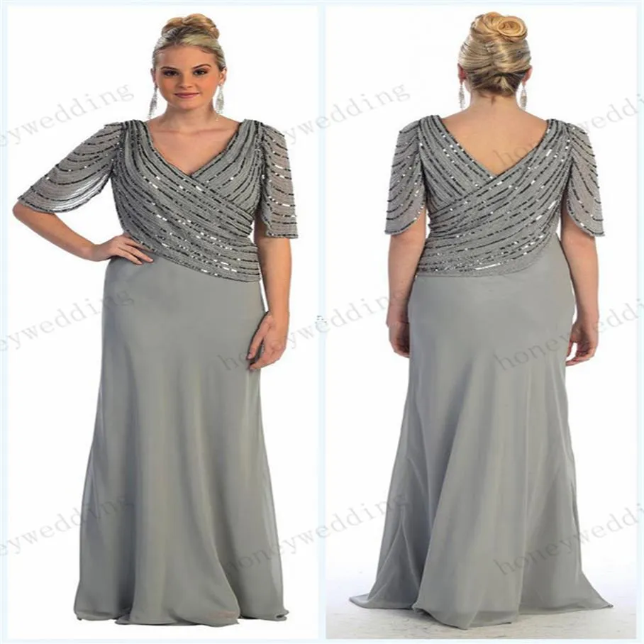 2019 Frühjahr Neuankömmling Plus Size Perlen Chiffon Mutter der Braut Kleider V-Ausschnitt Halbarm Mantel bodenlang Mutter Dr270J