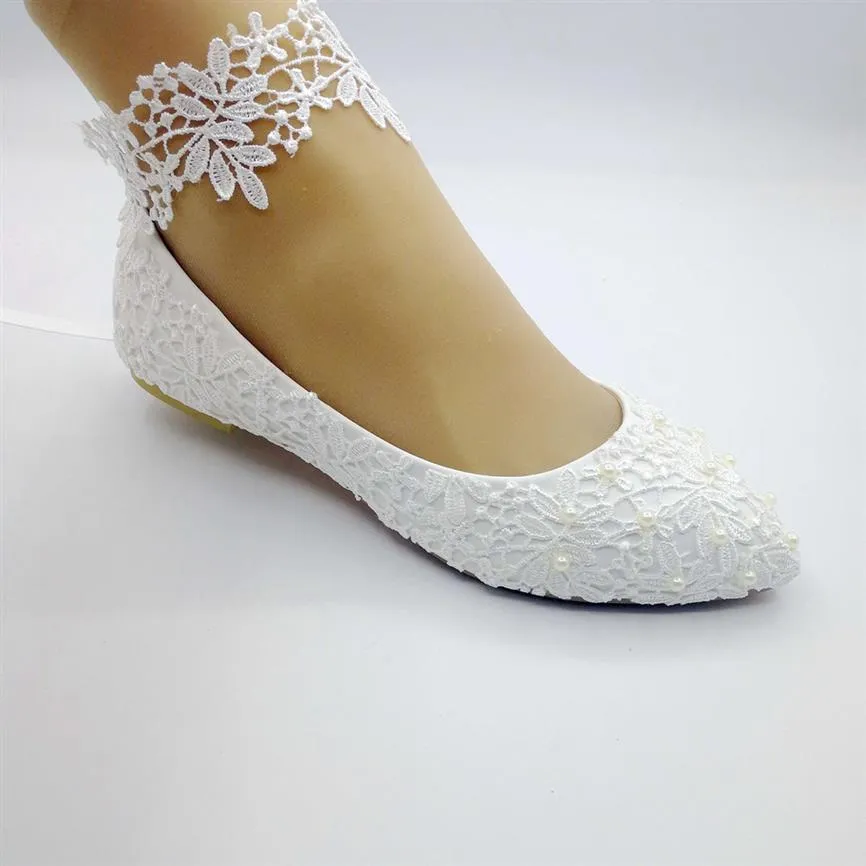 Handmade white lace with women's shoes pictures show Bridesmaid bride wedding shoes soft bottom flat heels US4-10 5264y