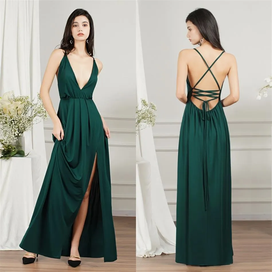 2022 Emerald Green Bridesmaid Dresses Sexy Backless Split Plunging V