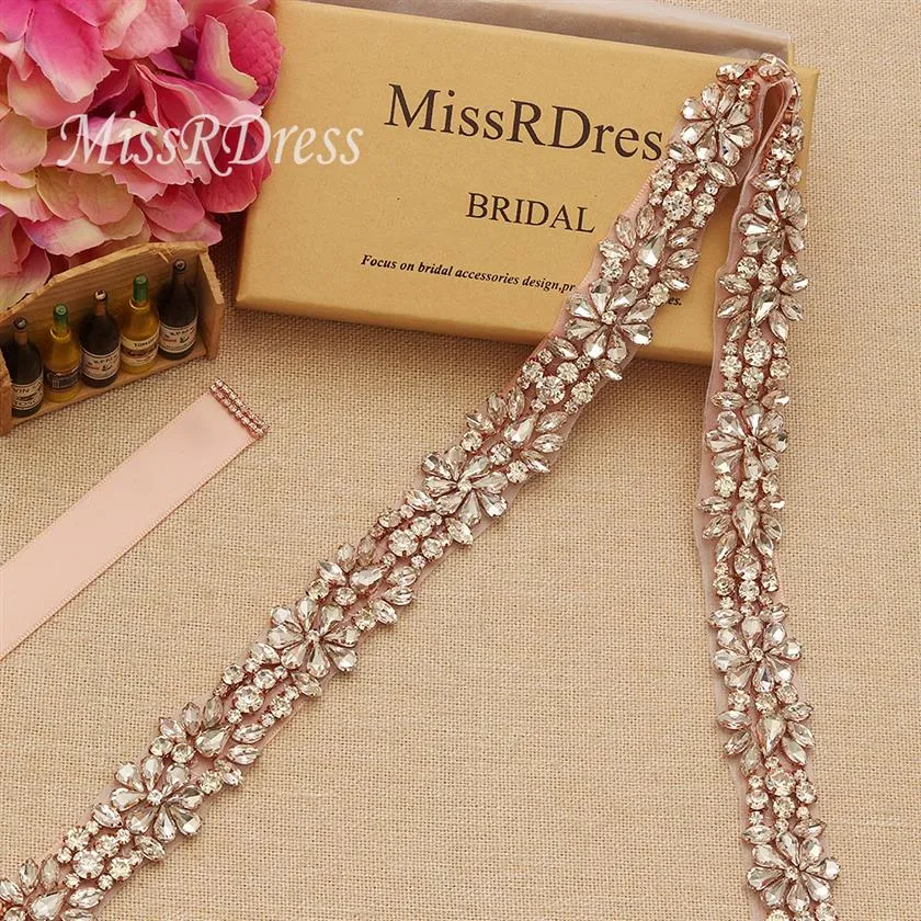 Missrdress Thin Rose Gold Gold Bridal Belt Sash with Crystal Jewelled Ribbons Rhinestones BeltとSashes for Wedding Dresses YS857263H