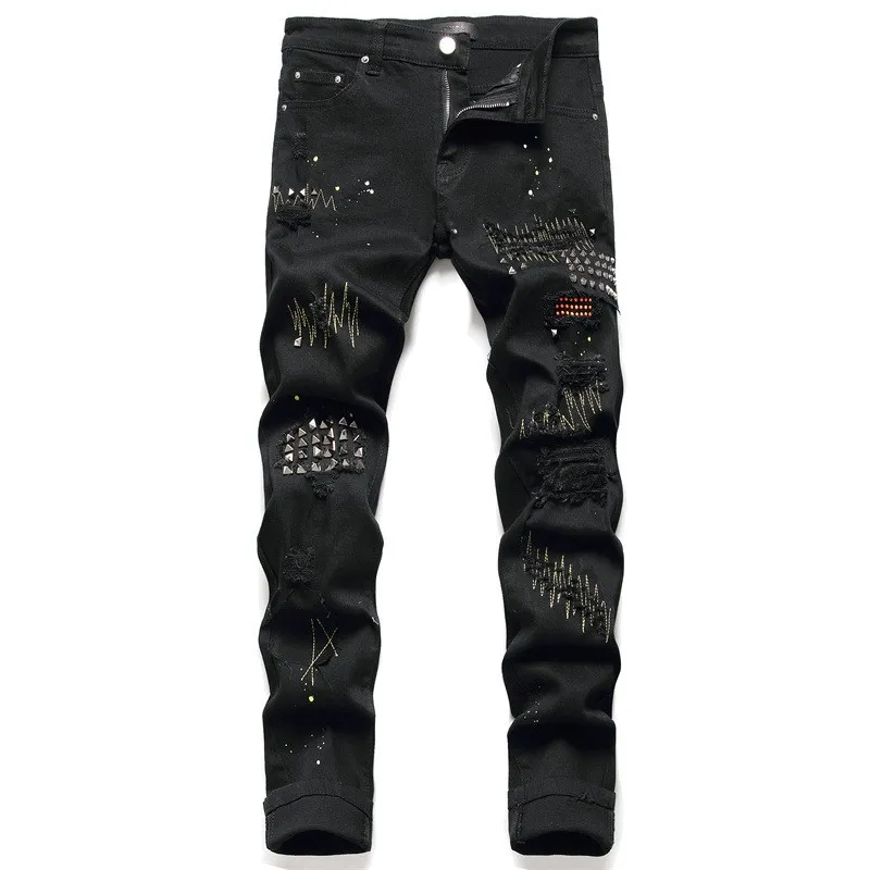 Mens Jeans nödställda motorcykelcyklist Jean Graffiti Rock Skinny Slim Ripped Hole Letter Printing Denim Pants Jeans