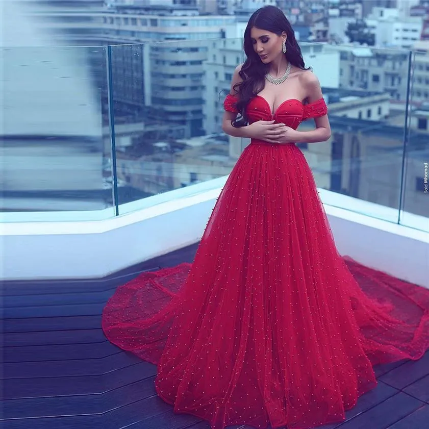 Saidmhamad arabie saoudite hors de l'épaule robe de soirée cristaux rouges perle perles Sexy chérie fête bal robes233F