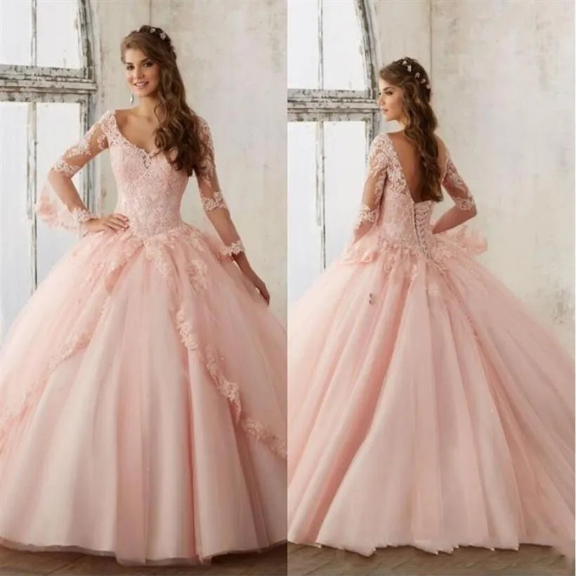 Baby Pink Blue Quinceanera Dresses 2019 Lace Long Sleeve V-Neck Masquerade Ball Dresses Sweet Princess Pageant Dress for Girls Che304T