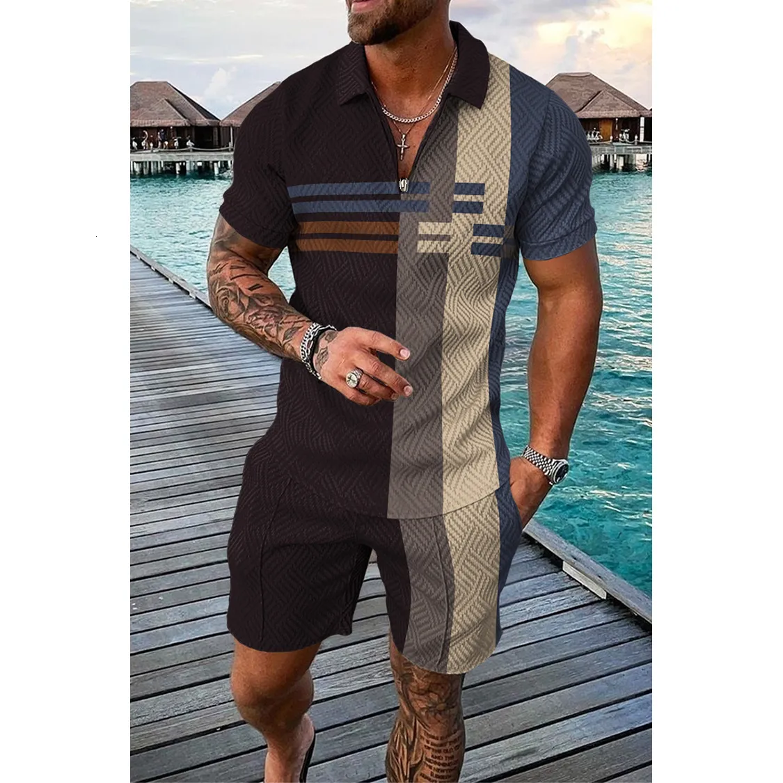 Herrspårar Summer Men Tracksuit Polo Shirt Shorts Set randig Casual Wid Down Collar T-shirt kostym Fashion Man Clothing Streetwear Outfits 230720