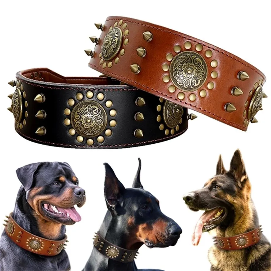 Strapazierfähiges braunes Lederhalsband für große Hunde, Pitbull, mit Spikes besetzte Halsbänder für mittelgroße und große Hunde, echtes Leder-Haustierhalsband X0703309W