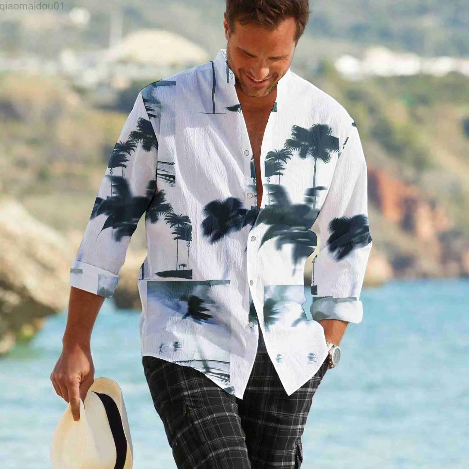 Mäns casual skjortor 2023 sommarmode nya herr håliga nackknapp långärmad skjorta smal fit casual strand hawaii mjuk hd 3d tryck gata topp l230721