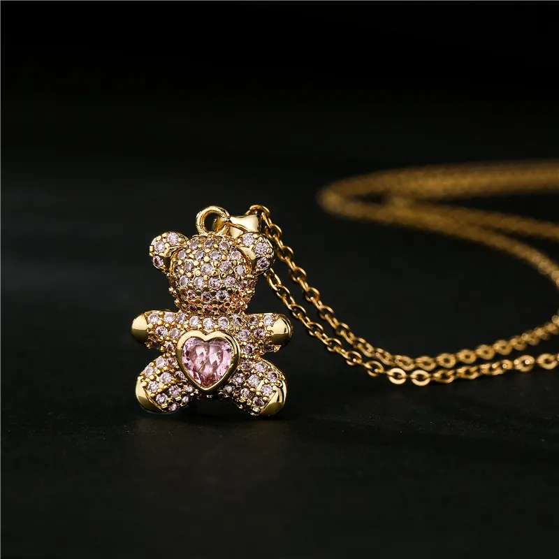 High Grade CZ Colorful Zircon Pave Setting Love Bears Pendant Necklace with Gold Chain Cute Woman Jewelry