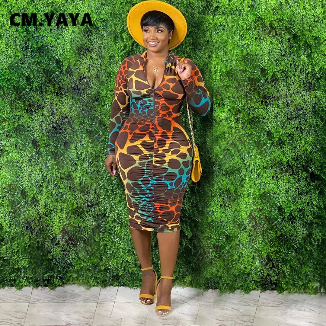 Basic Casual Dresses CM.YAYA Women Leopard Print Zipper Up Turn-down Neck Long Sleeve Stacked Bodycon Midi Dress Elegant Active Ruched Draped Dresses 230720