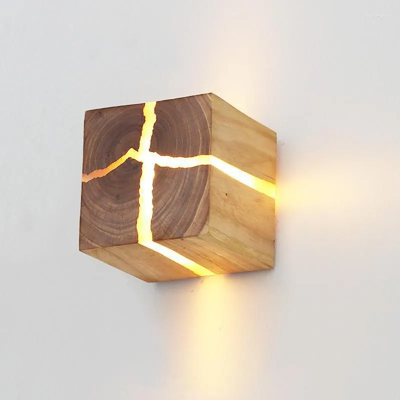 Wall Lamp ZK50 Modern Wooden Resin Square LED Bedside Crack Creative Bedroom Aisle Restaurant Decorative Lighting 8cm