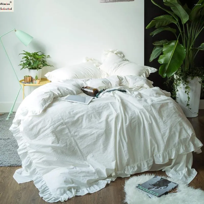 Bedding Sets White Ruffled Duvet Cover King Washed Cotton Farmhouse Ruffle Set Romantic Princess Lace Vintage Soft 4pcs