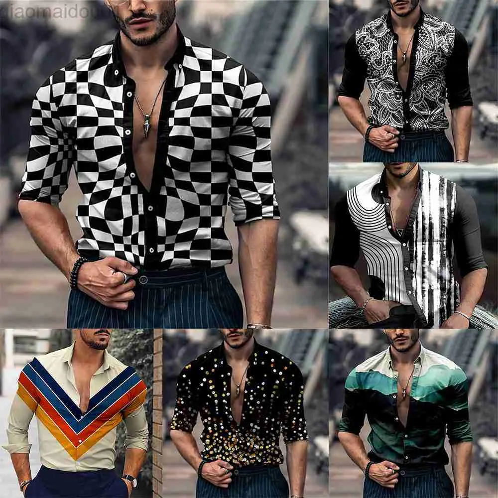 Męskie koszule zwykłe Mężczyźni Button Down Muscle 3D Print Slim Fit Shirt Party Long Rleeve Vintage Dress Boutique Fashion Mode Elastyczne koszule L230721