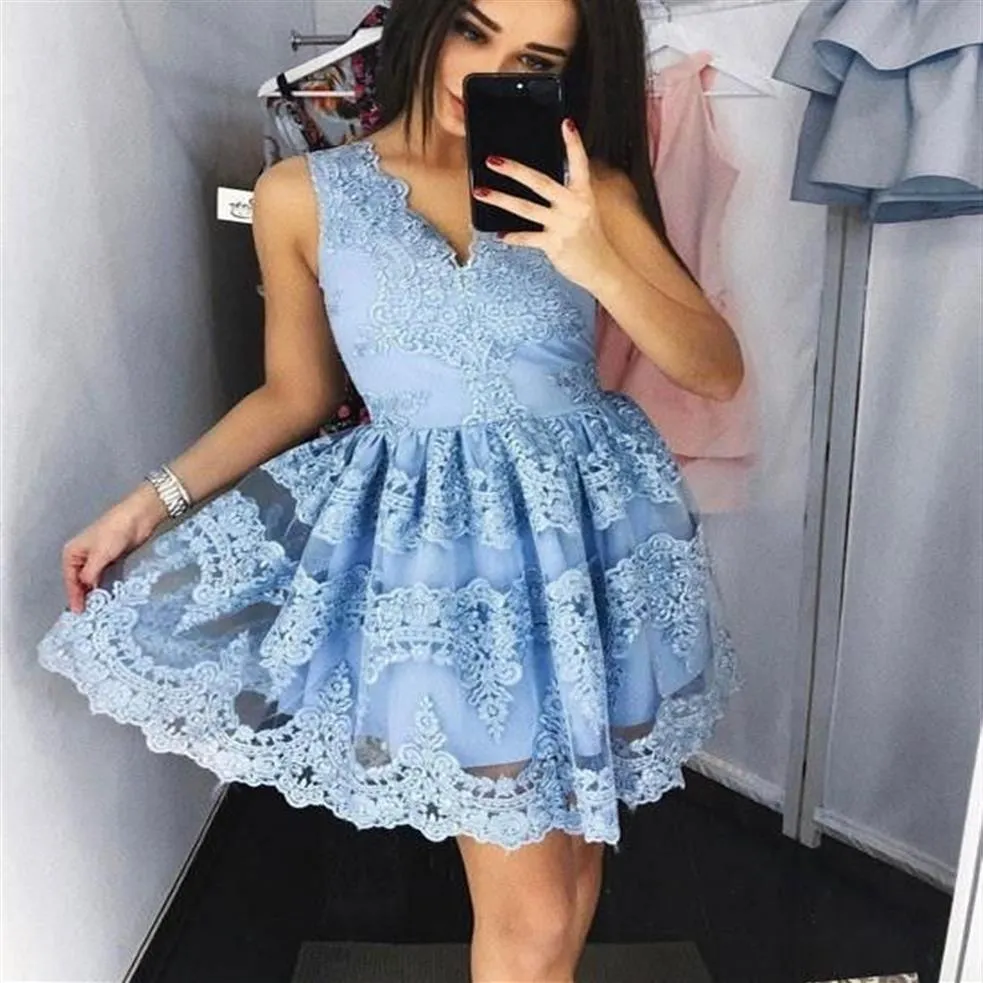 Bleu clair rose pleine dentelle robe de bal courte col en V au-dessus du genou longueur robes de bal formelles robes de Cocktail292F