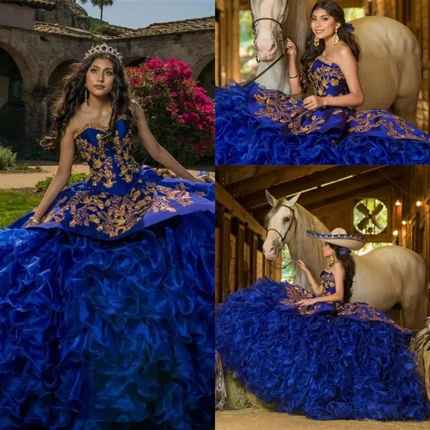 Royal Blue Princess Quinceanera Robes Perlées Or Dentelle Broderie À Lacets Corset Volants Party Sweet 16 Robe Vestidos De 15261o