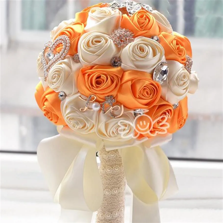Luxury Maridage Bouquets de mariée Elegant Pearl Bride Flower Wedding Bouquet Handmade Crystal Ribbon Orange WF036OG292W