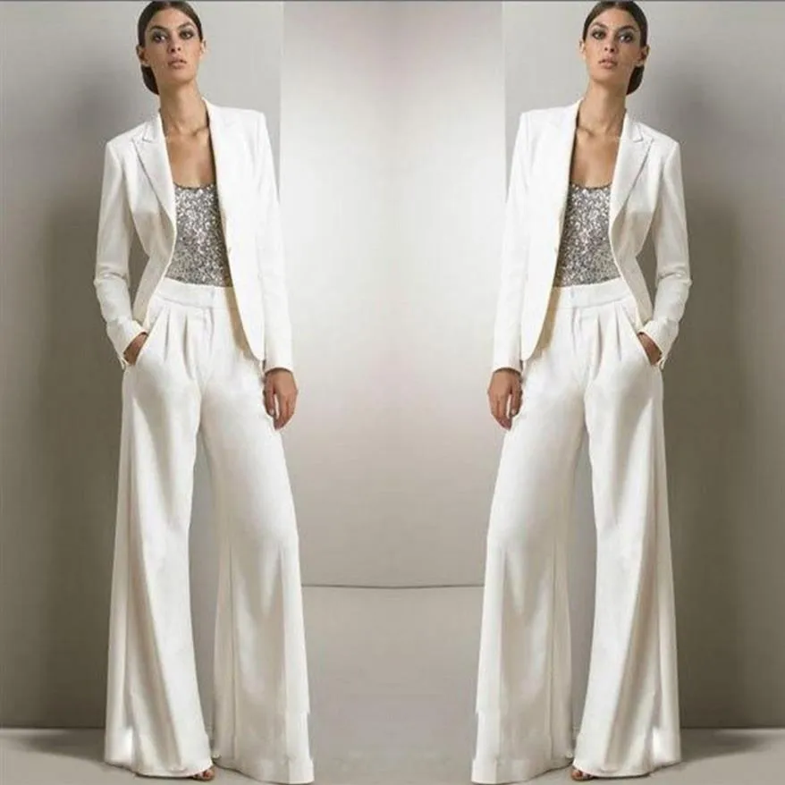 2022 Nouveau Bling Paillettes Ivoire Blanc Pantalon Costumes Mère De La Mariée Robes Formelles En Mousseline De Soie Tuxedos Femmes Parti Porter De La Mode Modest2905