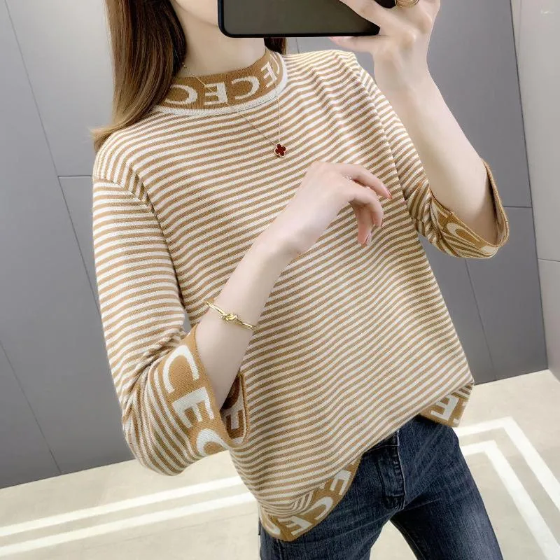 Women's Sweaters Striped Three-Quarter Sleeve Half Turtleneck Ice Silk Sweater T-shirt 2023 Spring And Summer Clothing Ins Loose Idle Top