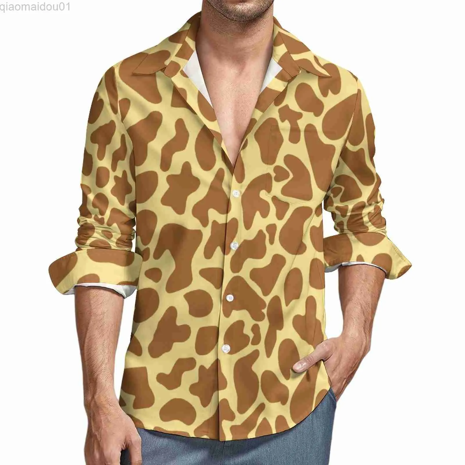 Koszulki męskie Giraffe Animal Print Koszula Spring Brown Spot Casual Shirts Man Fashion Bluzki z długim rękawem Graphic Stylowe ubranie plus L230721