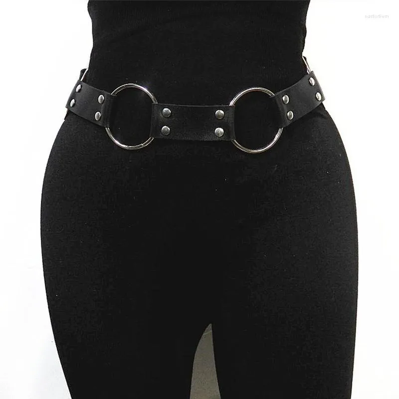 Riemen Mode Vrouwen Gothic Punk Taille Riem Metalen Cirkel Ring Ontwerp Zilveren Pin Gesp Leer Zwart Waisand Jeans