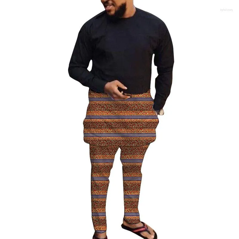 Roupas étnicas Moda nigeriana Conjuntos masculinos Preto Patchwork Tops Calças estampadas Vestuário africano Calças masculinas Ternos para festa de casamento