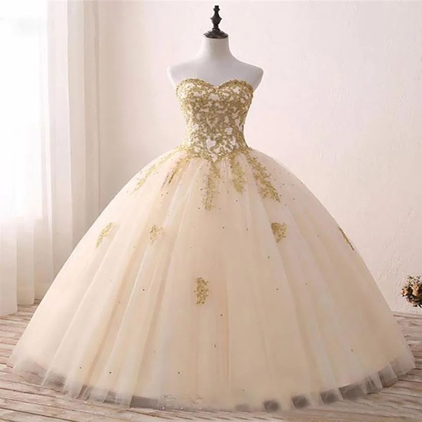 Ball Gown Princess Champagne Wedding Dresses Gold Appliques Lace Beads Tulle Floor Length Bridal Wed Gowns Custom Size2602