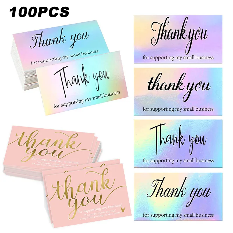 Cartões comemorativos 100 PCS Obrigado por apoiar minha pequena empresa Decoração de cartão a laser Caixas de presente Cartões de saudação Arco-íris Conjunto de cartões a laser 230720