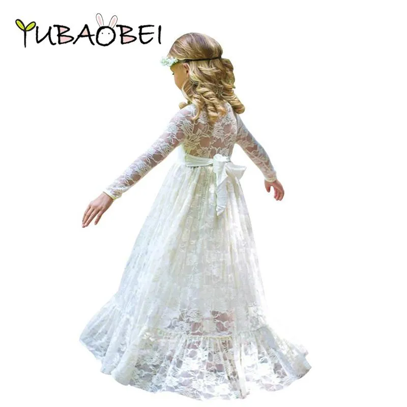 2 -12 år baby flicka spets maxi klänning stor båge långärmad elegant blomma prinsessan fest bröllop kväll rocks prom klänningar flickor