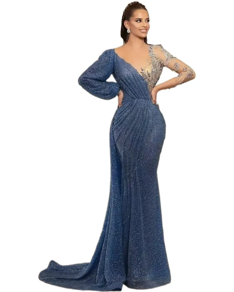 Elegant Blue Evening Gown: Jewel Neck, Beaded Mermaid Prom Dress, Long  Sleeve, Illusion Bodice, Sweep Train Custom Available!