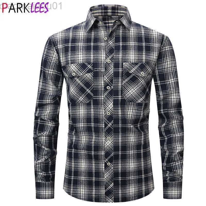 Chemises décontractées pour hommes Chemise à carreaux en flanelle brossée à double poche pour hommes