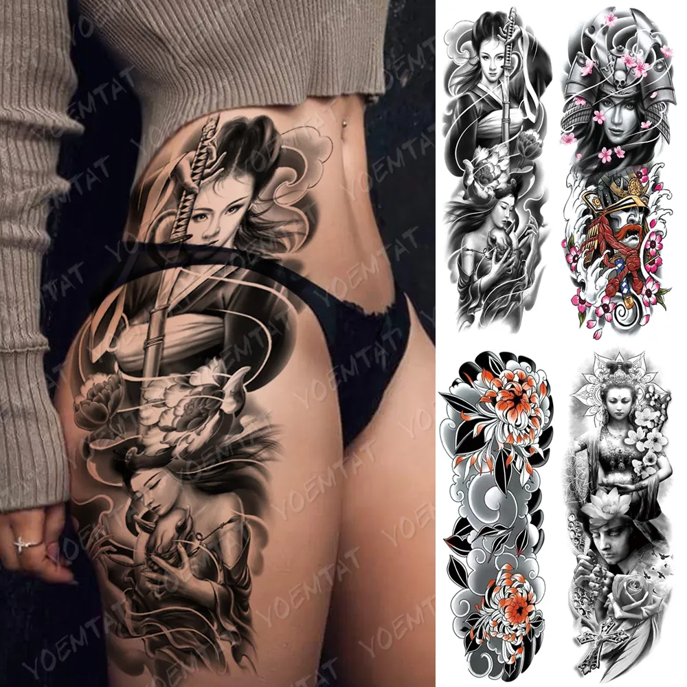 Large Arm Sleeve Tattoo Japanese Geisha Samurai Waterproof Temporary Tatto Sticker Gun Leg Chastity Body Art Fake Tatoo Women