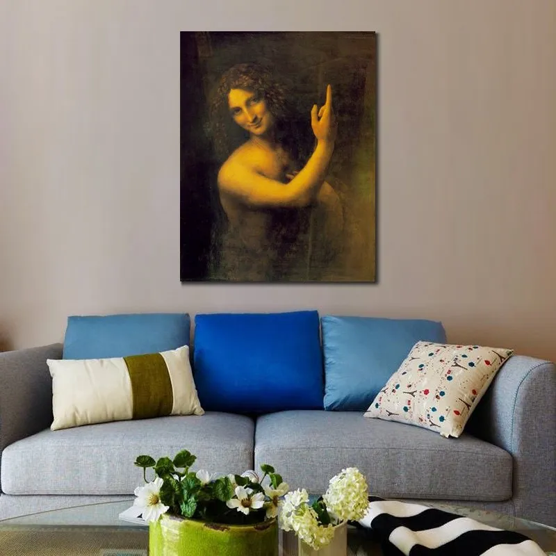 Peinture religieuse Leonardo Da Vinci toile oeuvre Jean le Baptiste fait à la main Art Family Room Decor