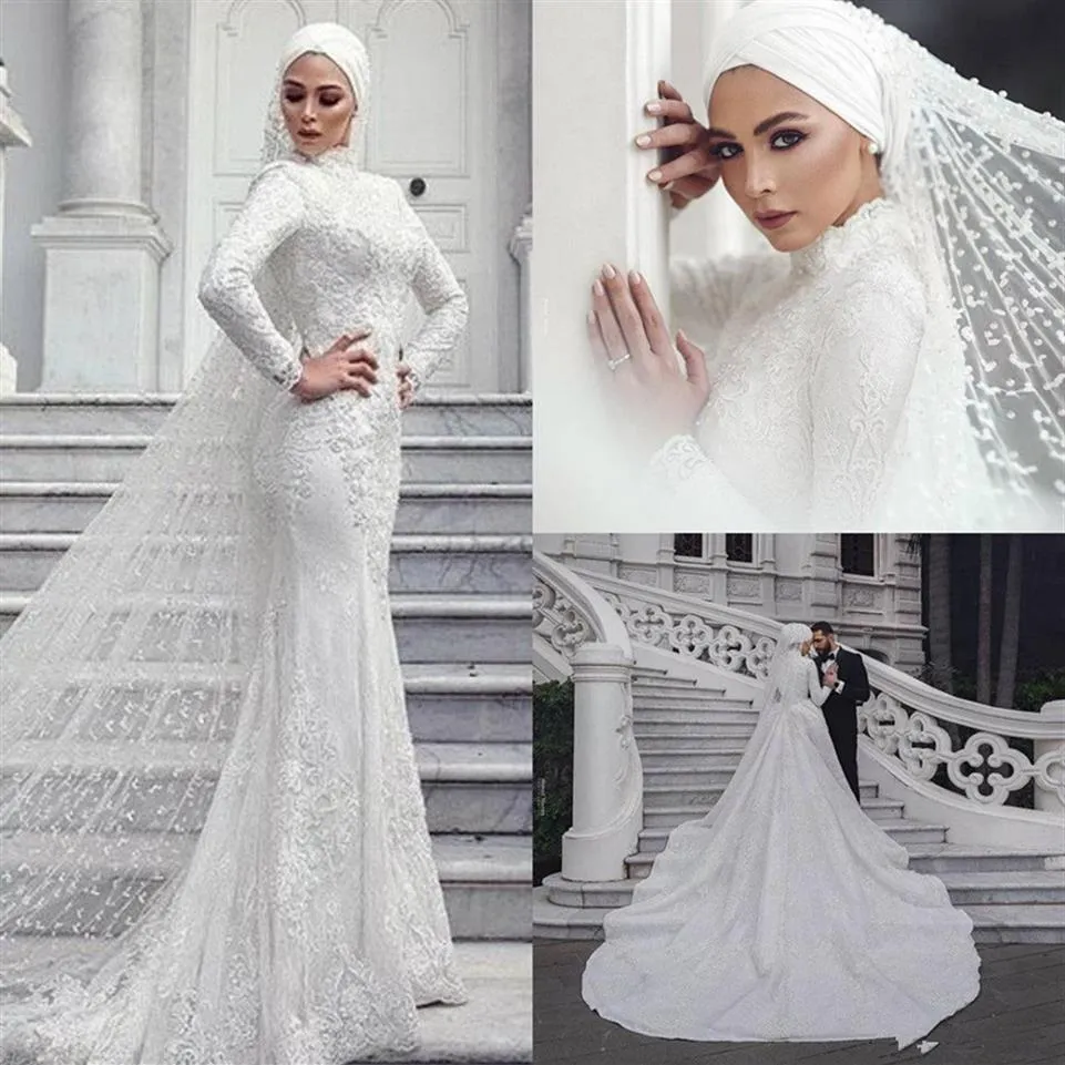 Vestidos de Noiva Muçulmanos Modernos Sereia Renda Manga Longa Gola Alta Vestido de Noiva Árabe Saudita Com Véus Hijab Custom Made Vestidos2566