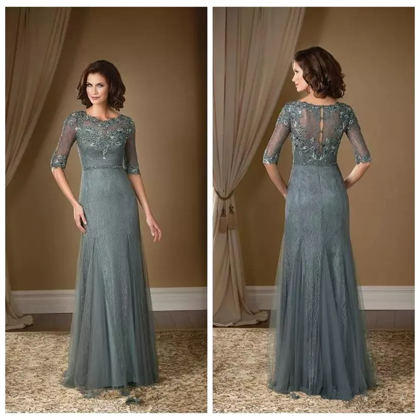 Modest 2019 Halva ärmar sjöjungfru Mors klänningar Slim Formal Long Special Endan Party Gowns Lace Applicques Mother of the 207r