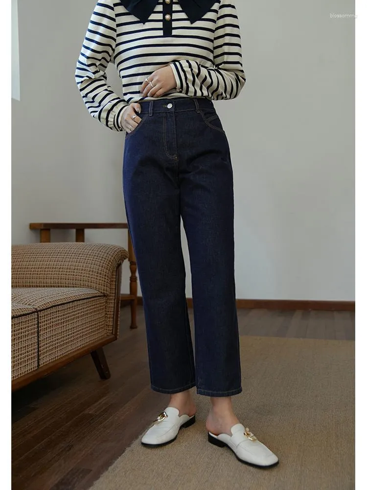 Women's Jeans Woman Dark Blue High Waist Straight-leg Jean Women Solid Vintage Cotton Colorfast Denim Trousers