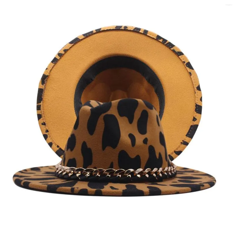 Ball Caps Vintage Style Wide Brim Fedora Hat With Cow Print Pattern And Chain Decor For Men Women - Unisex Western Jazz Cowboy