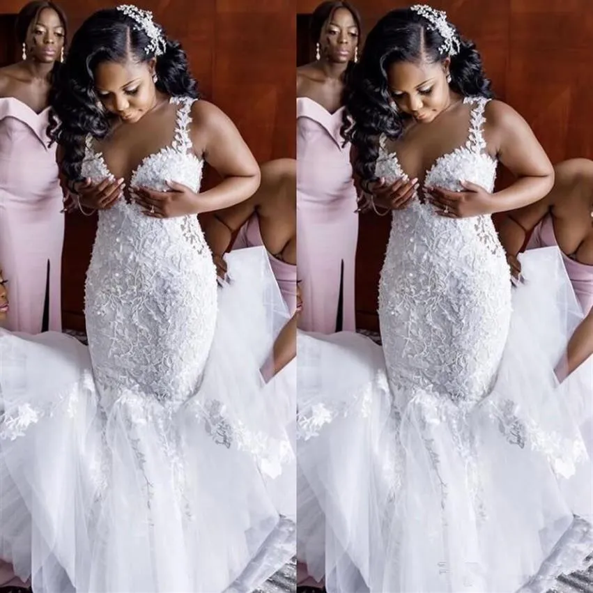 Abito da sposa in pizzo bianco a sirena taglie forti con applicazioni floreali senza spalline senza maniche 2020 nuovi abiti da sposa africani Robe De Mari2685