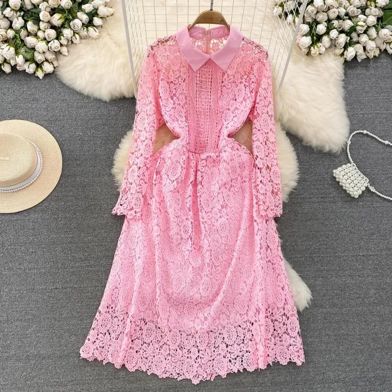 Casual Dresses Vintage Long Sleeve A-line Polo Neck For Women Hook Flower Hollow Out Womens Summer Dress High Waist Vestidos Dropship