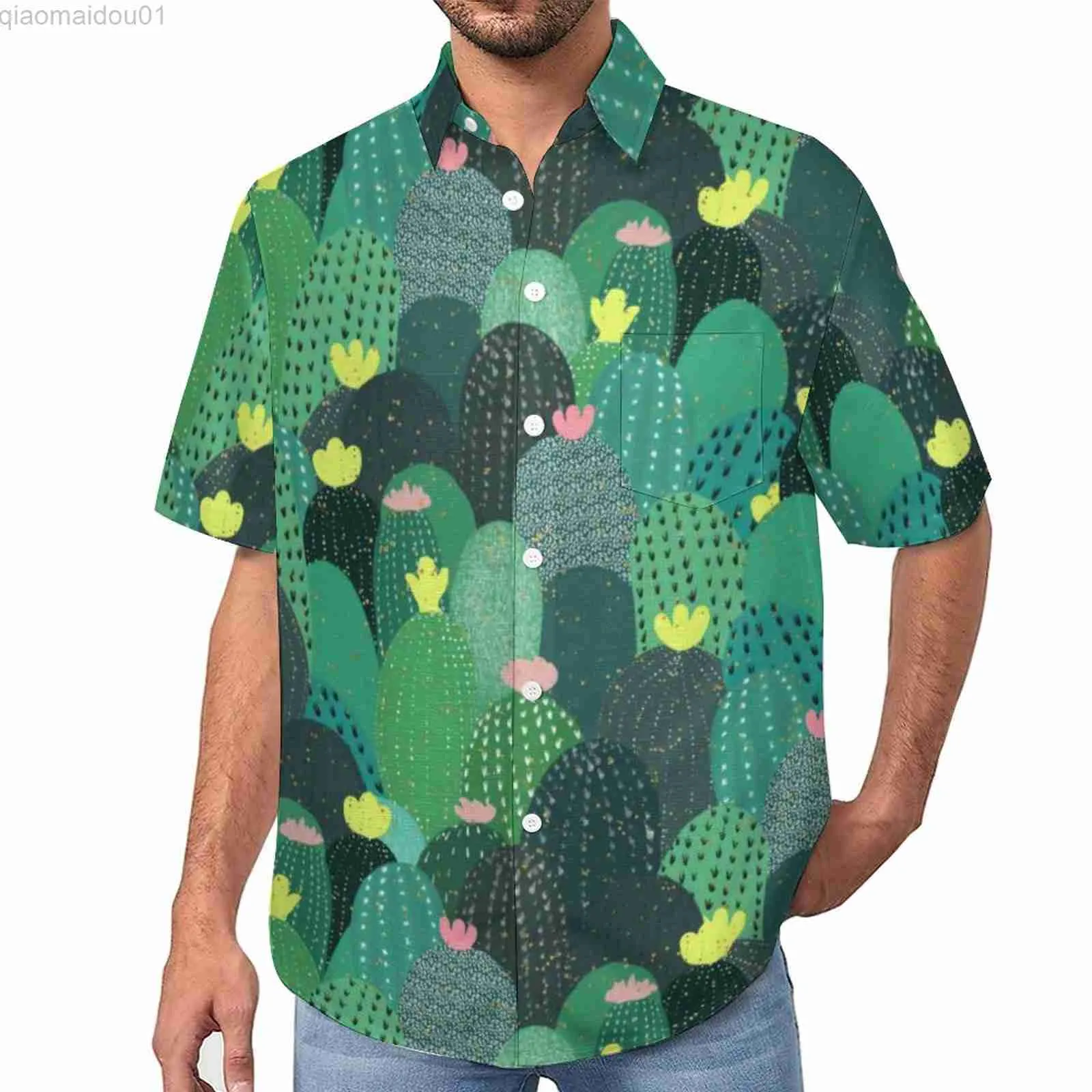 Męskie koszule tropikalne nadruk swobodna koszula zielony turkusowy kaktus luźna koszula letnia nowość bluzki krótkie rękawie