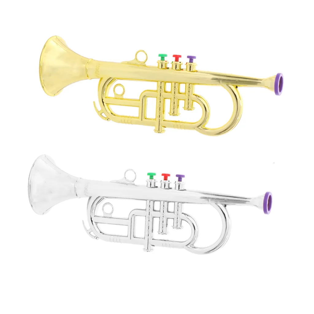 1 Pcs 34cm Plastic Children Trumpet Horn Wind Instrument with 3 Keys Musical Toy for Kids Party Favor Gift Silver or Gold