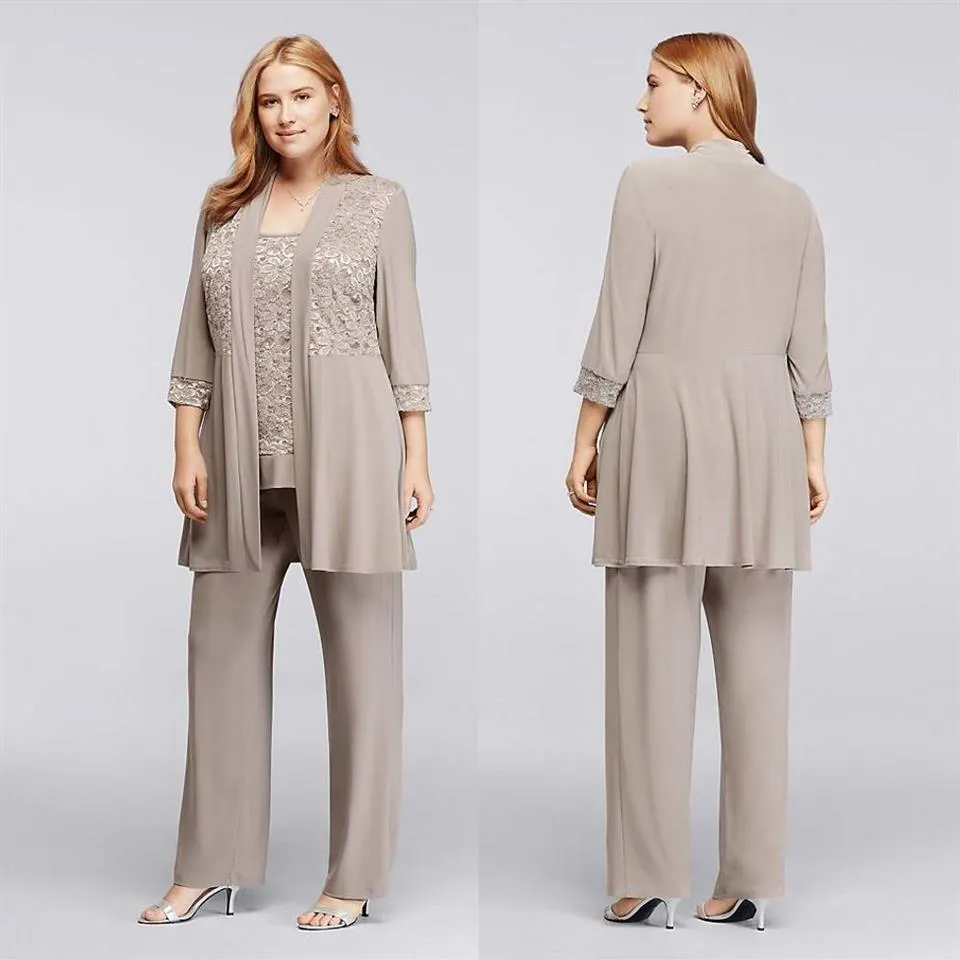 Champagner Spitze Mutter der Braut Hosenanzüge mit Jacken U-Ausschnitt Hochzeitsgast Kleid Plus Size Chiffon Mütter Bräutigam Kleider3153