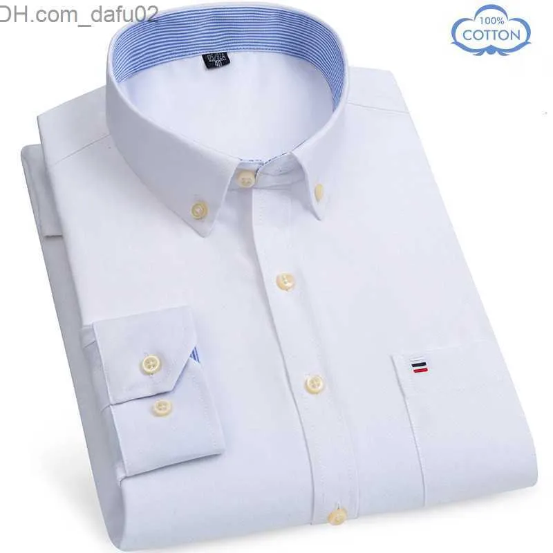 Herrtröjor Nya S-7XLCOTTON Oxford Men's Long Sleeve Plain Casual Shirt Men's Pocket Regular Fit-knapp Work Men's Shirt Z230721