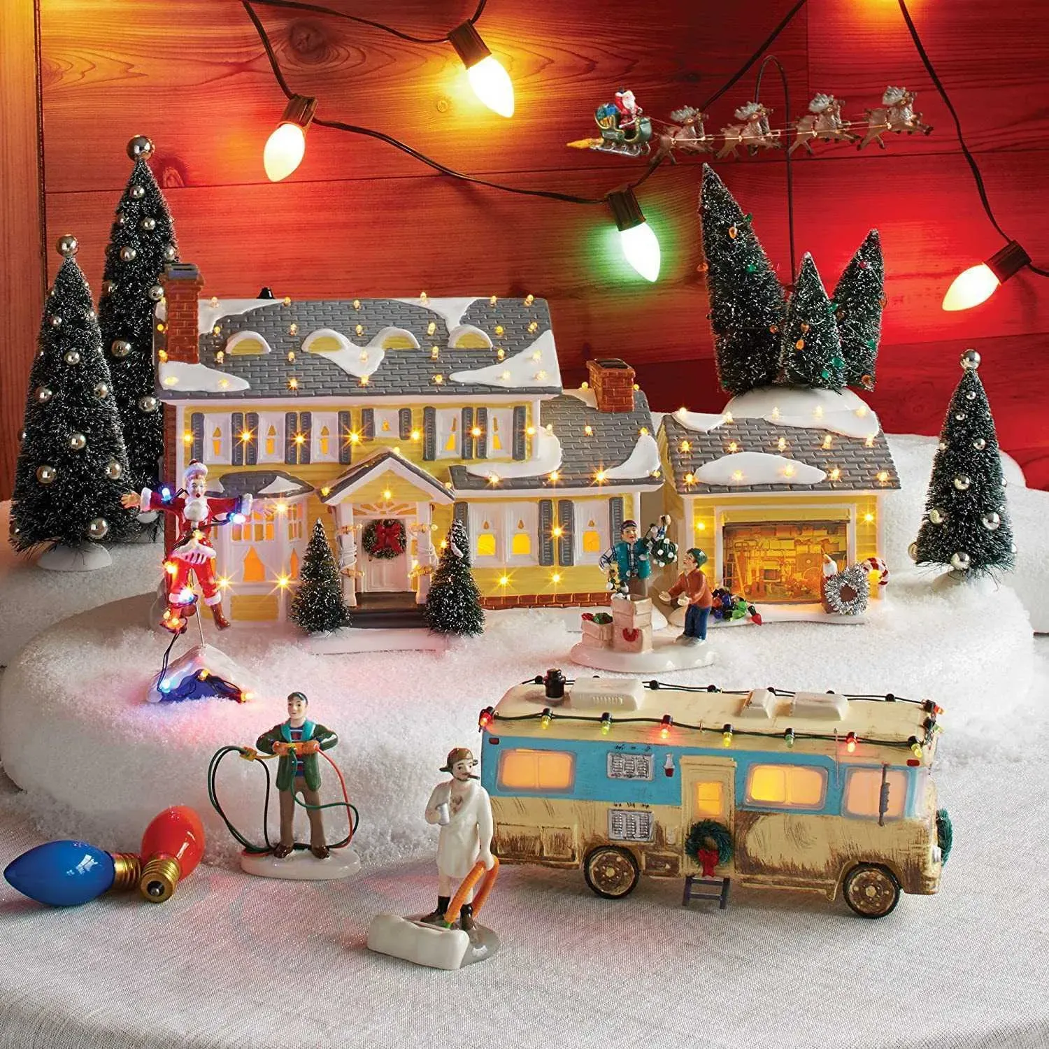 Christmas Decorations Brightly Lit Building Christmas Santa Claus Car House Village Holiday Garage Decoration Griswold Villa Home Desktop Figurines