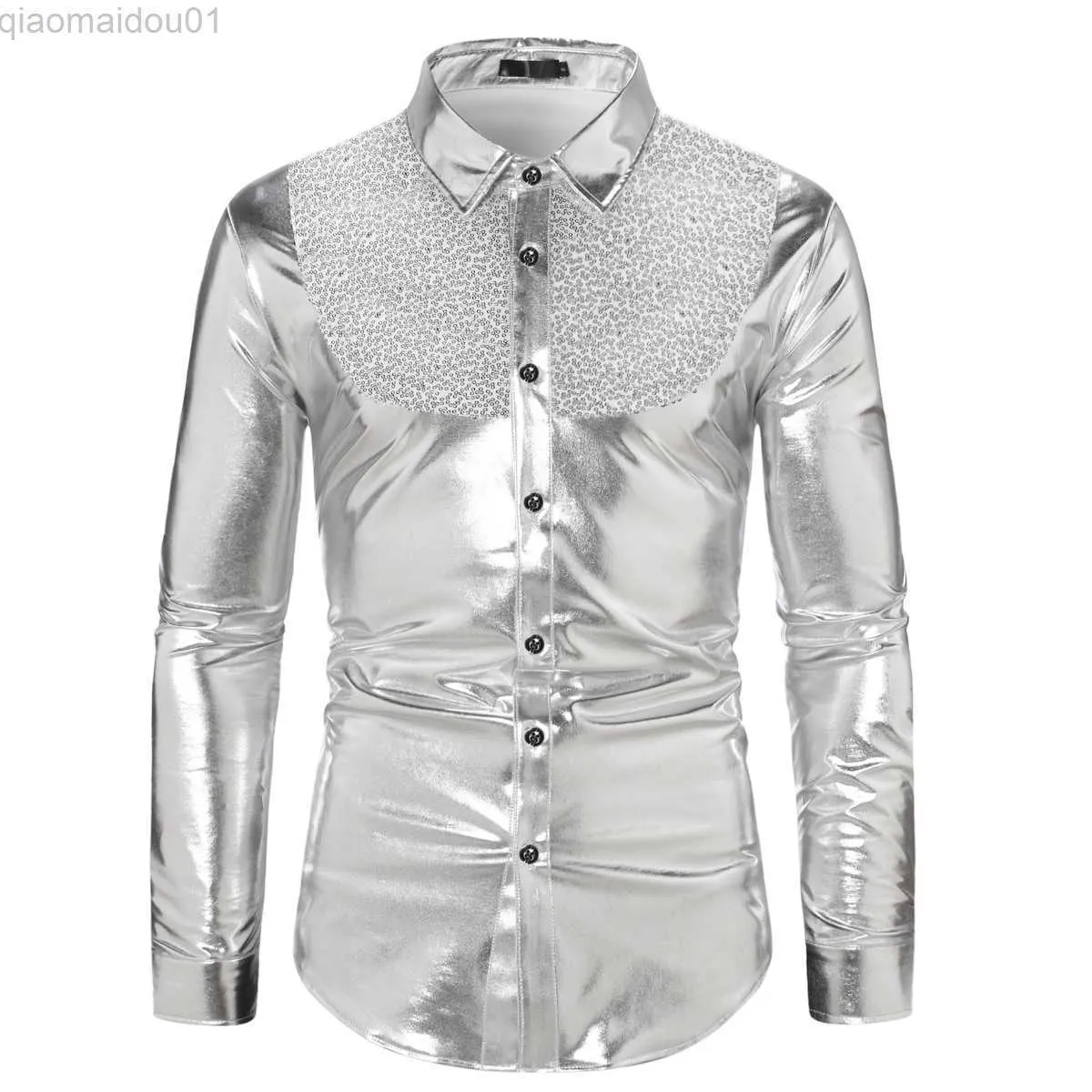 Shiny Blue Sequin Dress Shirt For Men 2023 Hip Hop Streetwear